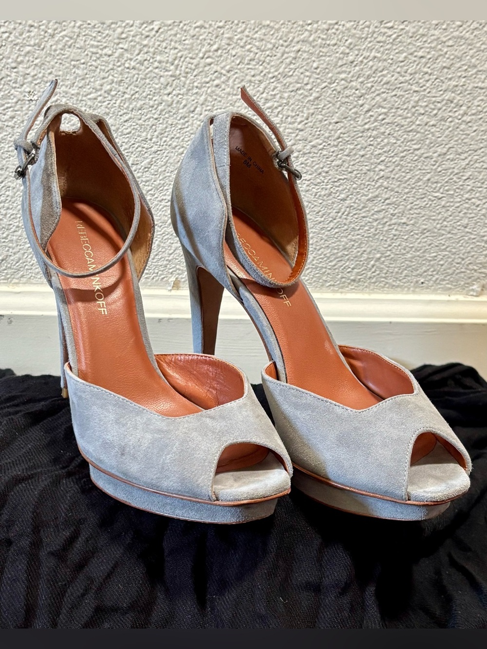 Rebecca Minkoff Light Gray Suede Peep-Toe Platform Heels with Ankle Strap
